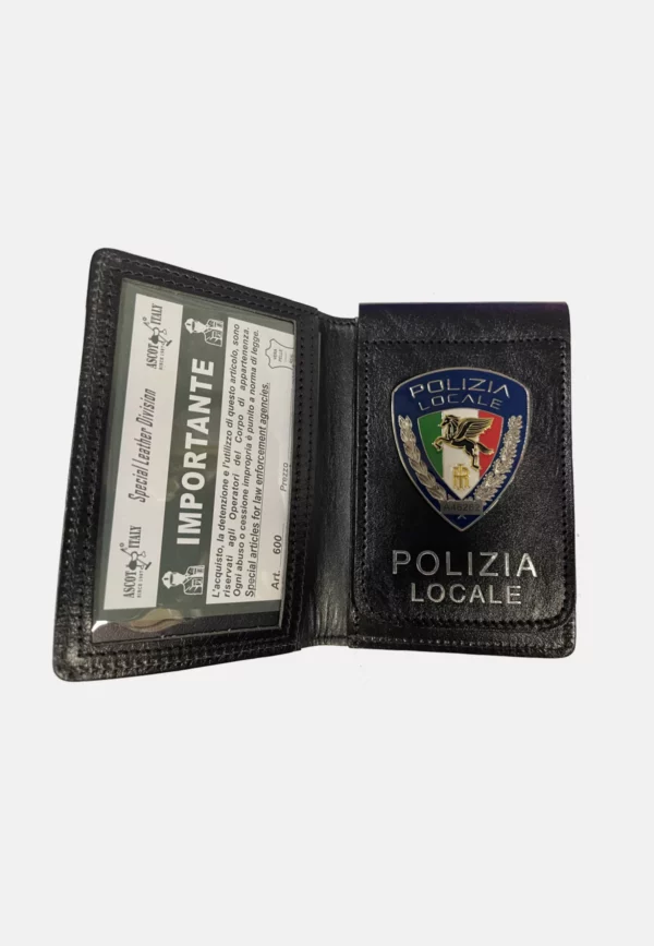 Portatesserino e portafoglio in cuoio colore nero con placca Polizia Locale