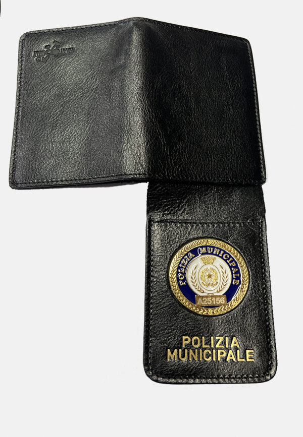 Portatesserino e portafoglio in cuoio colore nero con placca Polizia Municipale
