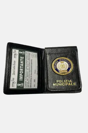 Bestseller 95 Portatesserino e portafoglio in cuoio colore nero con placca Polizia Municipale