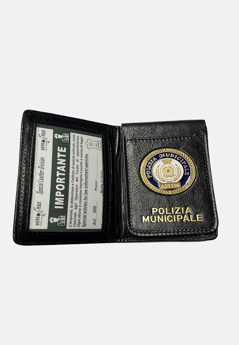 Portatesserino e portafoglio in cuoio colore nero con placca Polizia Municipale